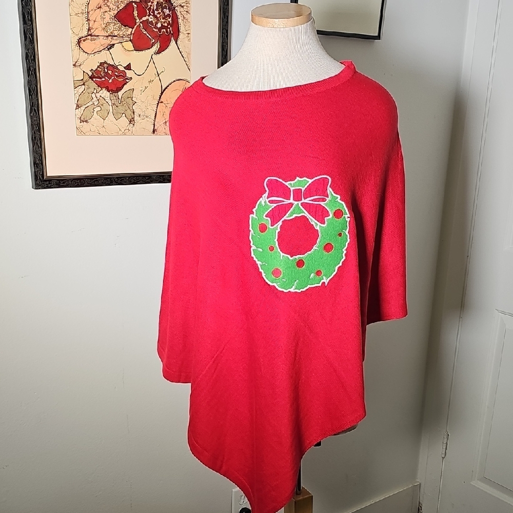 Red Poncho with Wreath Design By TOP IT OFF. ONE SIZE
